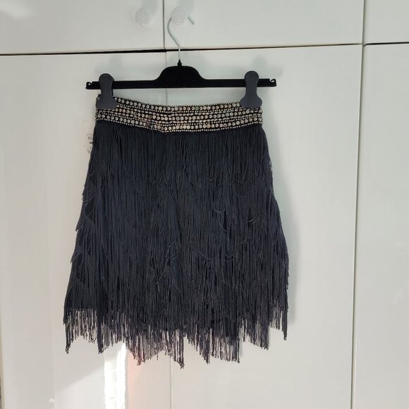 NWT Zara black fringe miniskirt with embellished waist size XS - Picture 2 of 6